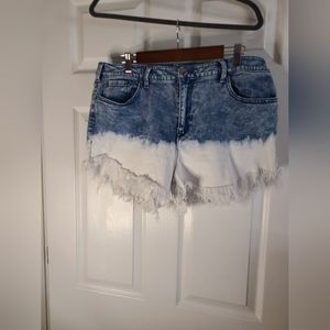 INC denim and white fringed shorts